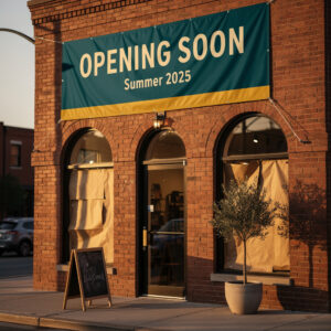 Teal coming soon banner grommeted across a brick storefront at dusk announcing a new business opening.