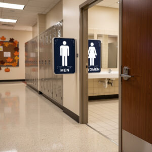 ADA restroom signs with Braille mounted beside boys and girls restroom entrances in a warmly lit school hallway.