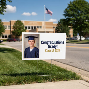 Custom congratulation graduation yard sign staked in a lawn across from a high school in summer daylight.