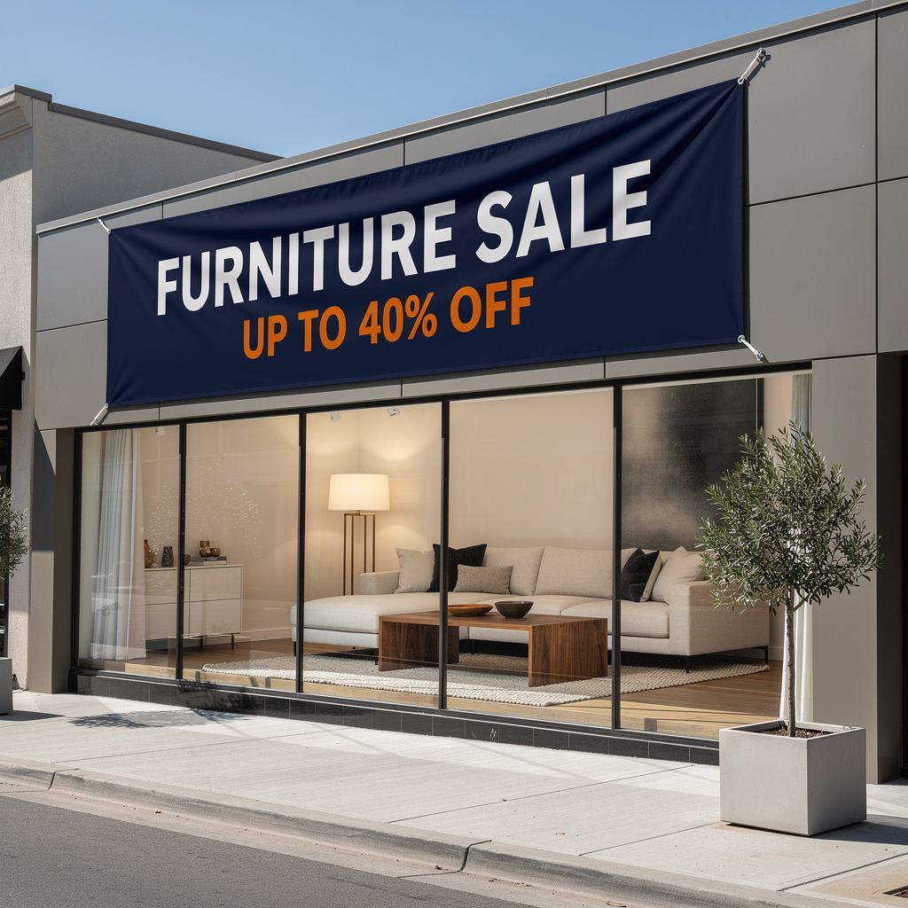 Furniture sale banners hung across a modern showroom storefront in daylight