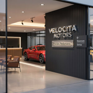 Interior commercial signage on feature wall inside sports car showroom