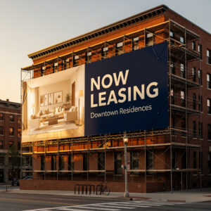 Oversized building facade banner wrapping a downtown brick office on scaffolding, advertising a new leasing campaign.