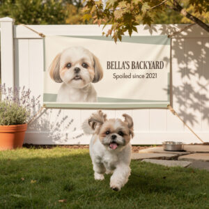 Custom Shih Tzu vinyl banner on backyard fence with dog running